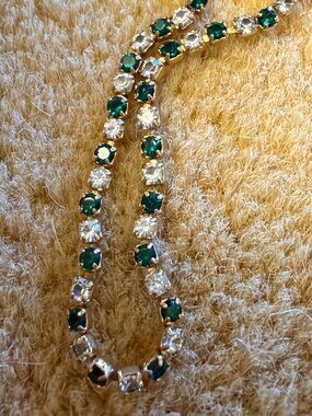 Avon Gold Tone Green Clear Rhinestone Tennis Bracelet 7.5 Inch